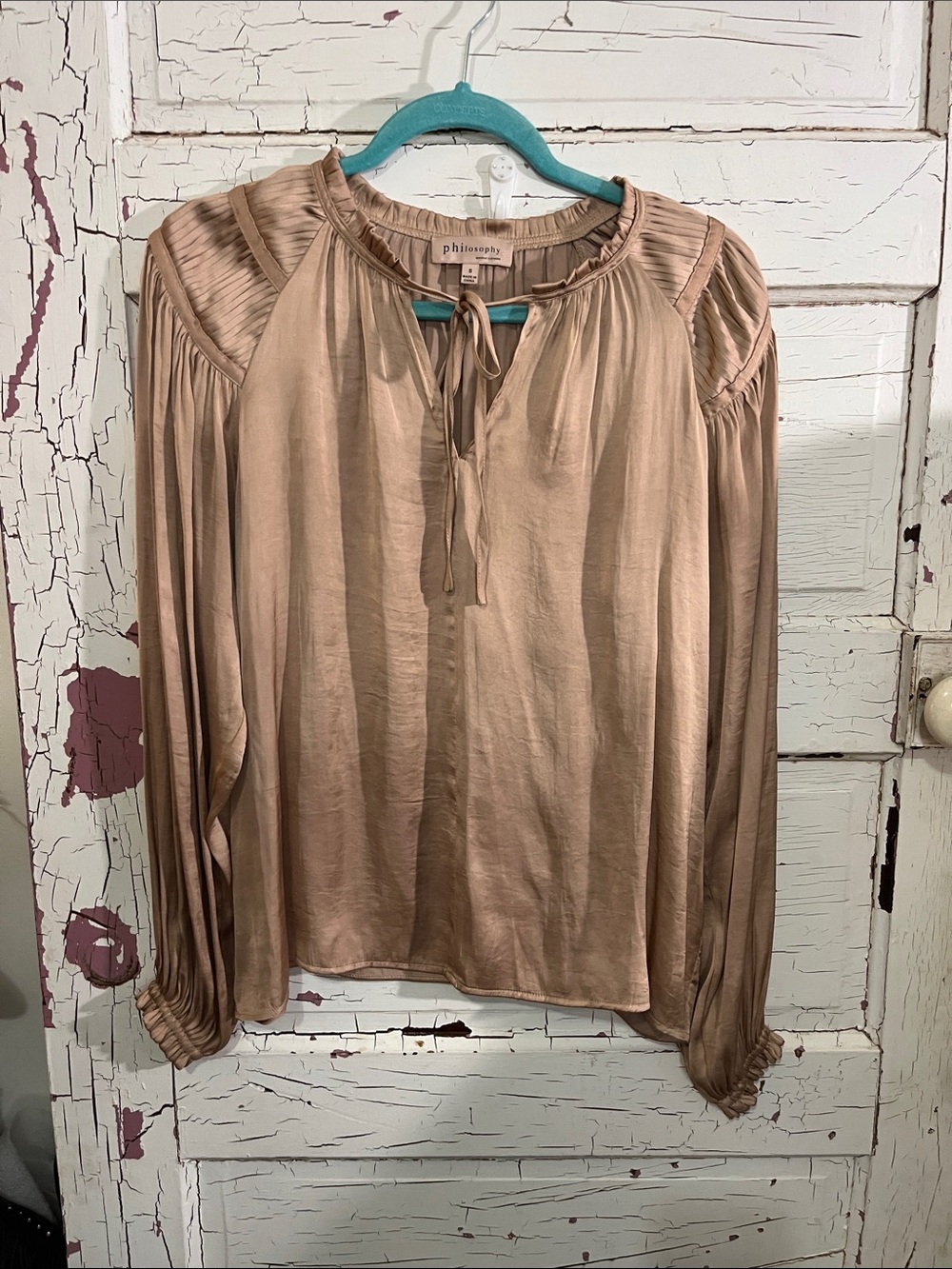 philosophy Republic Clothing Tie-Neck Long Sleeve Blouse in Taupe Silk Like Poly